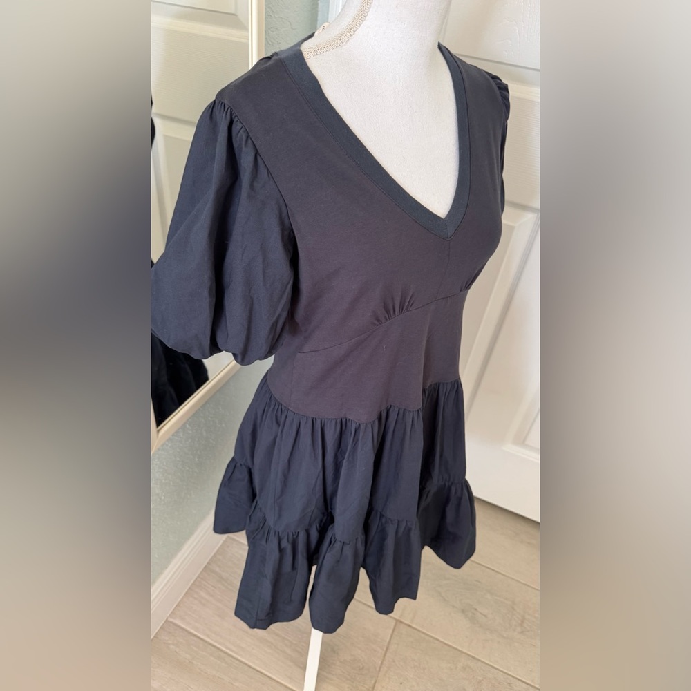 Cinq à Sept Lona Navy Tiered Mini Dress Puff Sleeve Stretch Cotton XXS